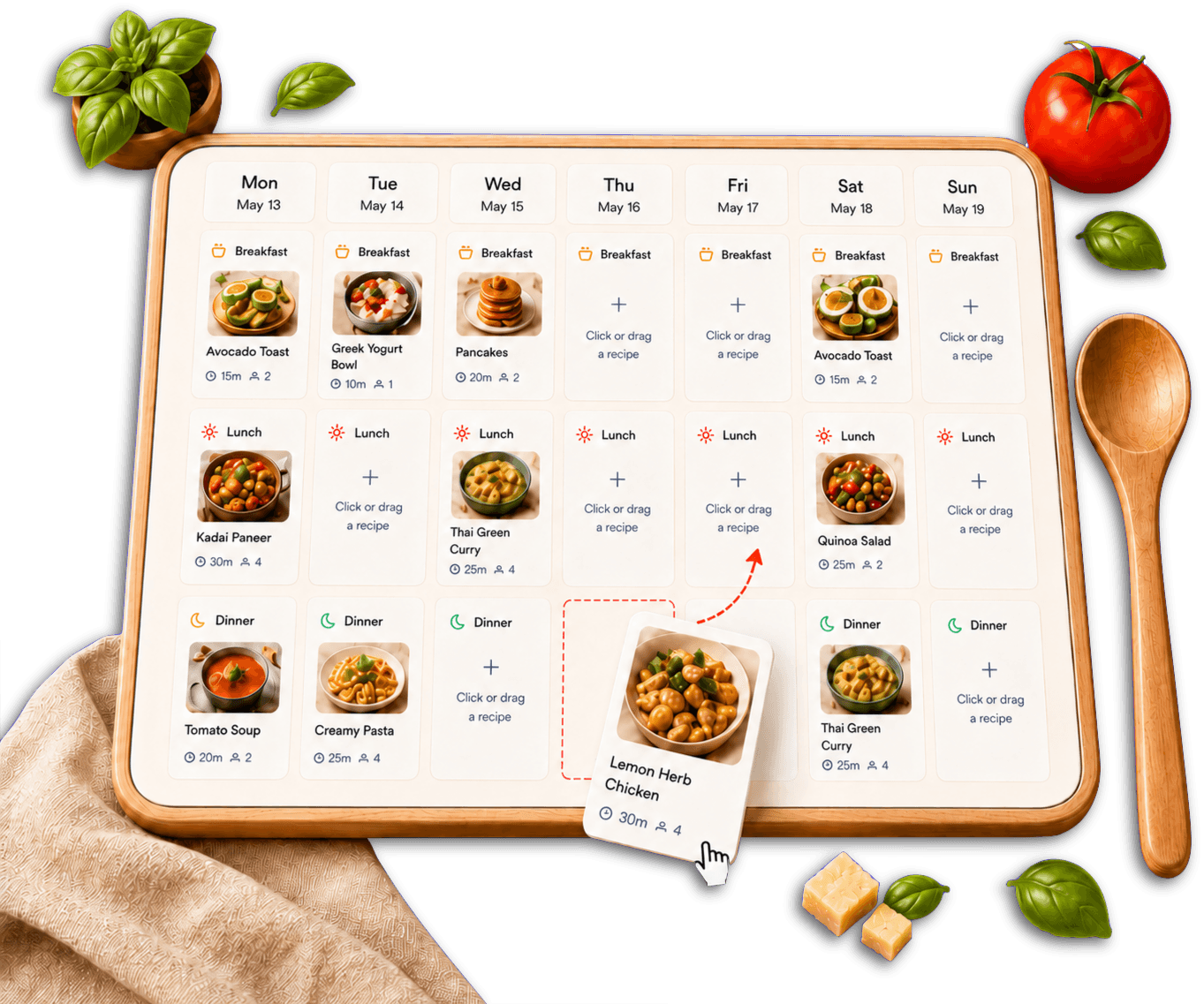 Weekly meal planner board with breakfast, lunch, and dinner recipe cards