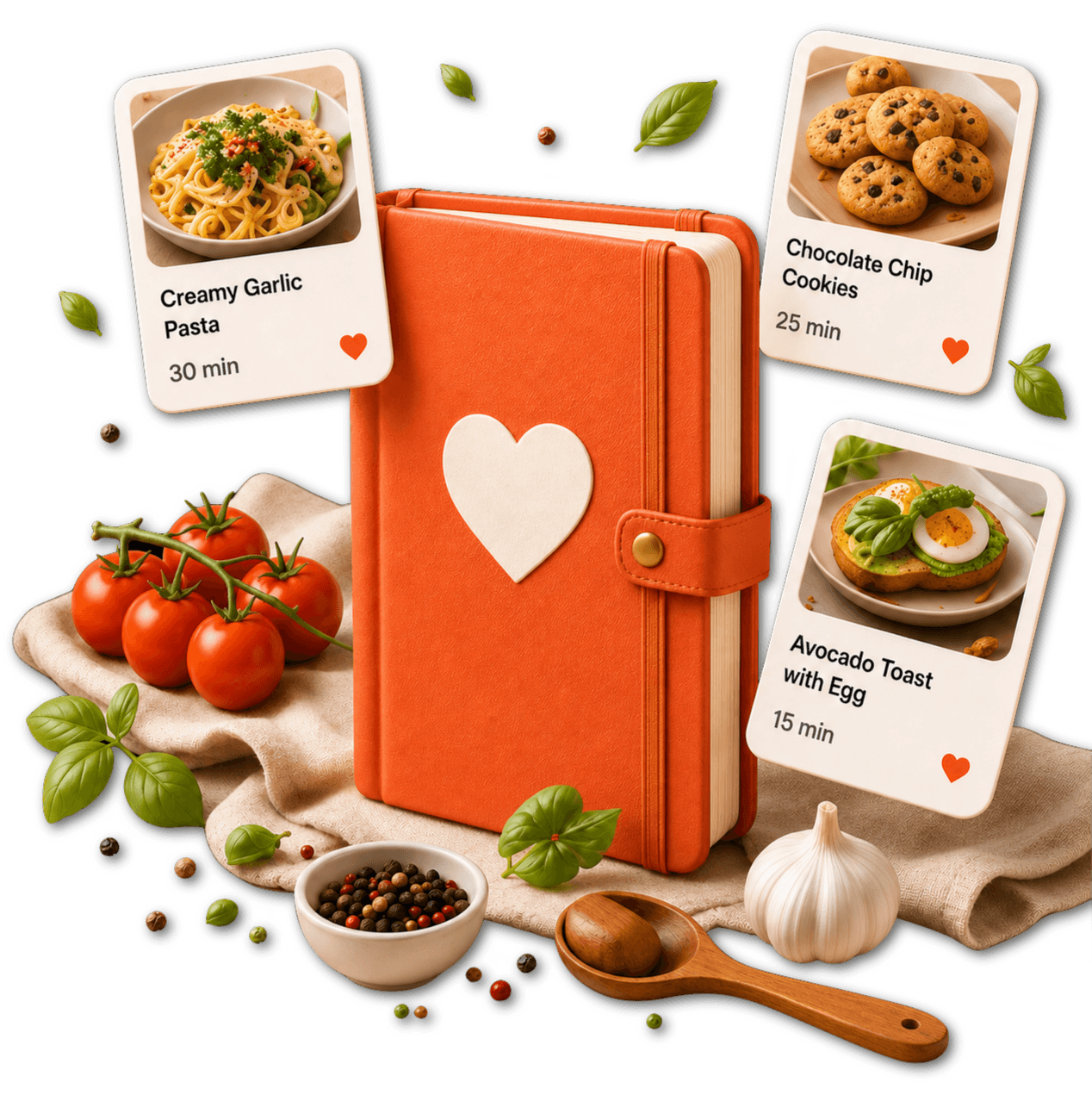 Recipe notebook surrounded by saved recipe cards and cooking ingredients