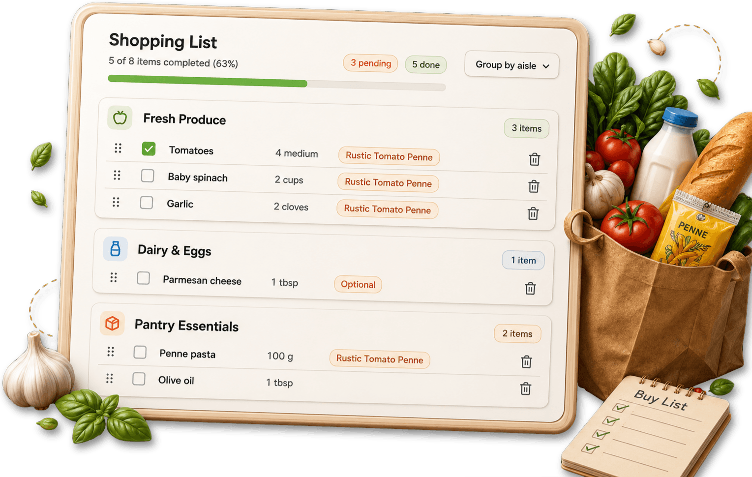 Shopping list app organized by grocery aisles